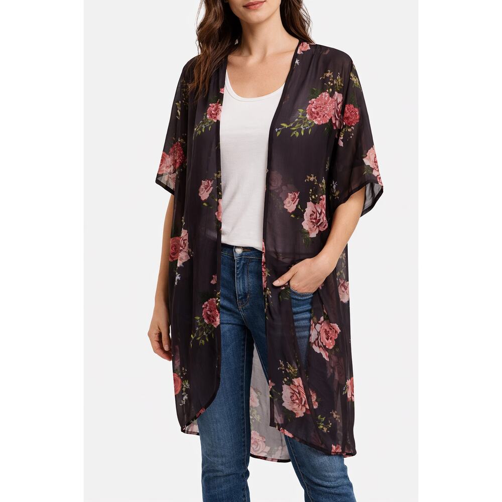 Live 4 Truth Womens Black Floral Kimono Open Front Size M